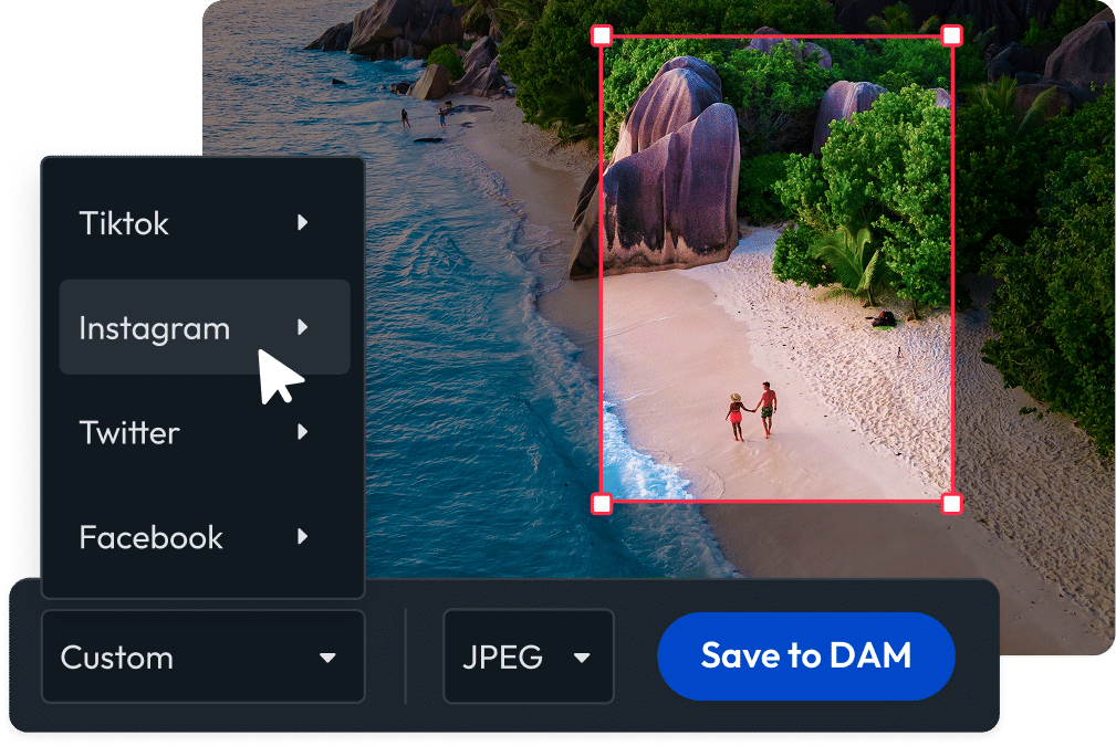 Content derivatives tool cropping a travel & hospitality image and exporting formats for social platforms with save to DAM option