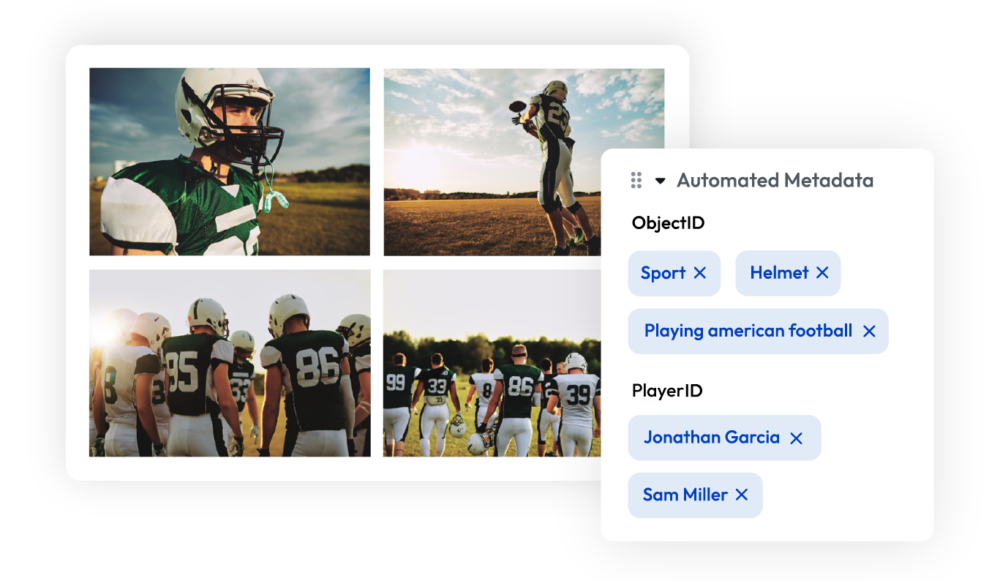 Digital asset library interface with automated metadata tagging. PeopleID and object tags like Student and Football Helmet are shown.