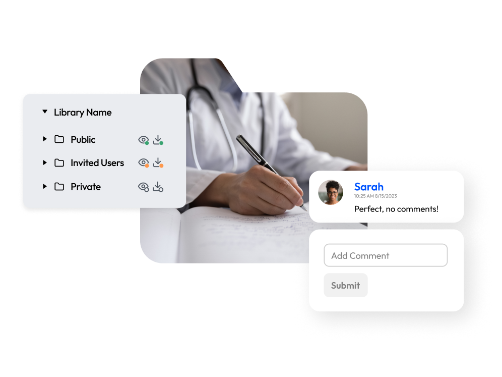 Image showing a doctor writing alongside employee comments, illustrating how collaborative content review is possible within a DAM.