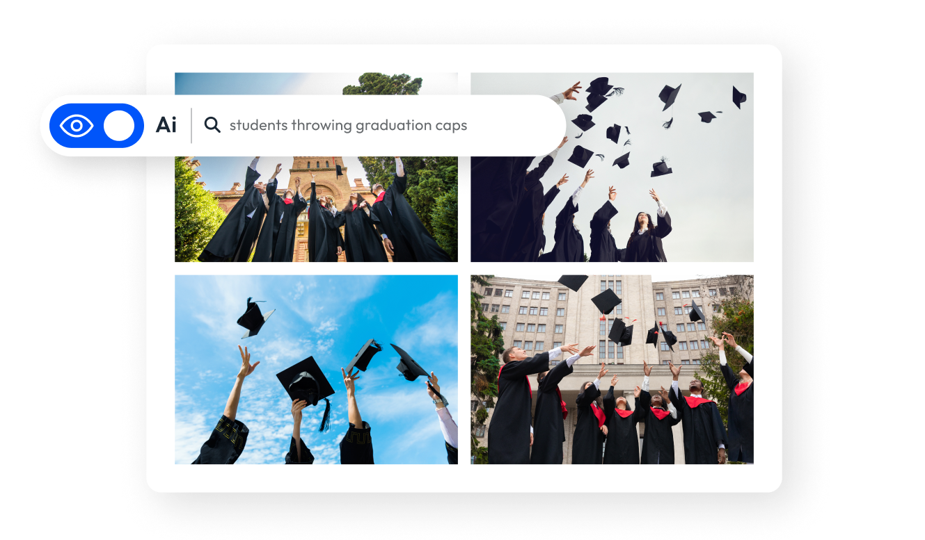 Four images of commencement ceremonies in a marketing asset library showcasing the benefits of AI image search and DAM for education.