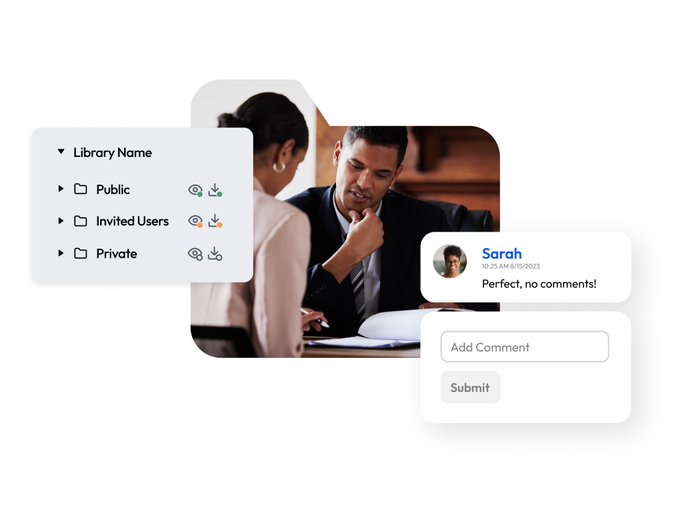 Image highlighting employee interactions during content review, emphasizing efficiency and secure, collaborative discussions.