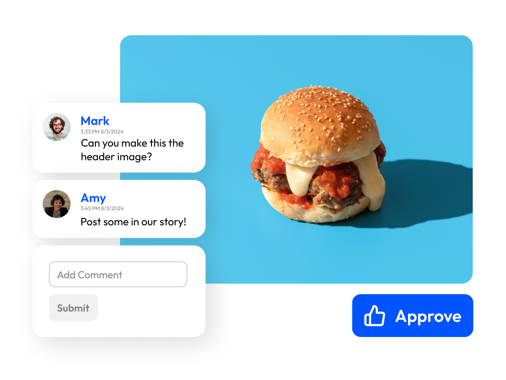 Chicken sandwich with melted cheese overlayed with user comments approving a piece of marketing content.