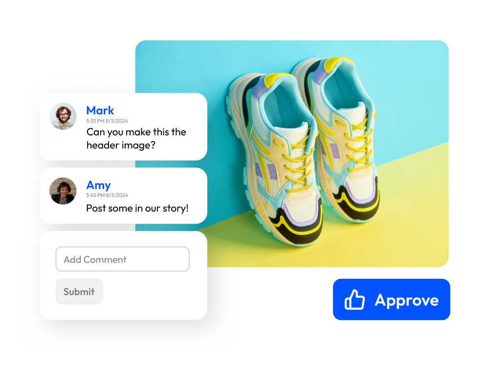 Image depicting lime green, teal blue, lavender purple, white, and black sneakers within a visual marketing asset. Beside it is 2 commends from marketing team members and a box for the user to add additional comments. On the right of the image is the approval button. This highlights the collaborative capabilities within a digital asset management (DAM) system.