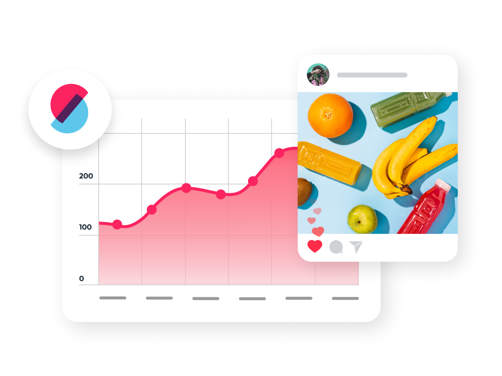 Graph overlapped by an image of produce including a banana, apple, and orange, which is being used to highlight Socialie's social media content distribution system.