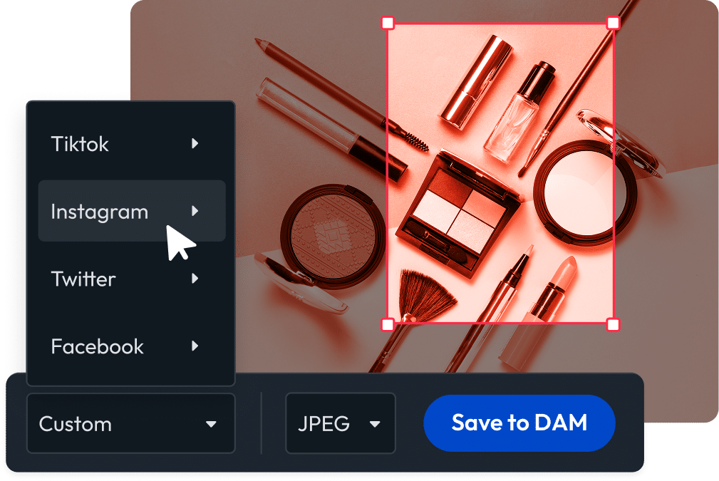 Content derivatives tool cropping a consumer goods image and exporting formats for social platforms with save to DAM option