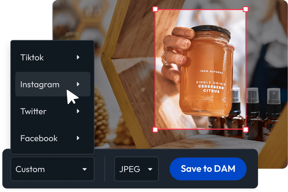 Content derivatives tool cropping a food & beverage image and exporting formats for social platforms with save to DAM option