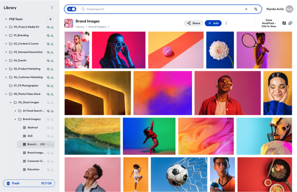 PhotoShelter digital asset management interface demonstrating how to organize marketing assets.