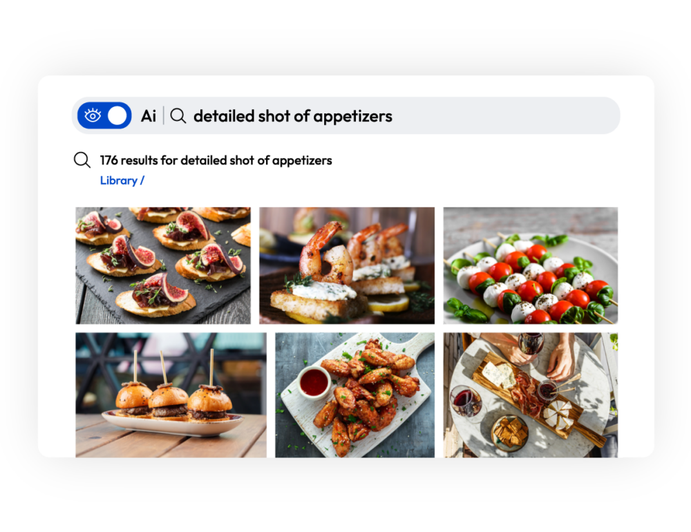 PhotoShelter DAM AI Visual Search displaying results for 'detailed shot of appetizers,' showcasing auto-tagging and metadata management features.