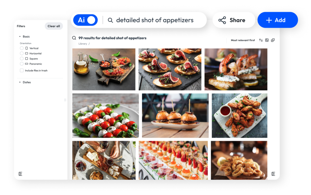 A view of the AI image search feature leveraging automatically generated metadata inside a digital asset library software.