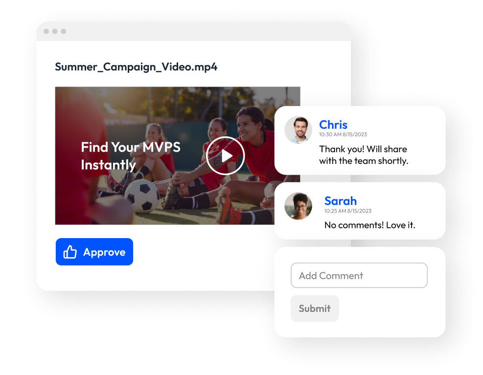 PhotoShelter digital asset management interface showcasing collaboration, with users adding comments on a summer campaign video asset.