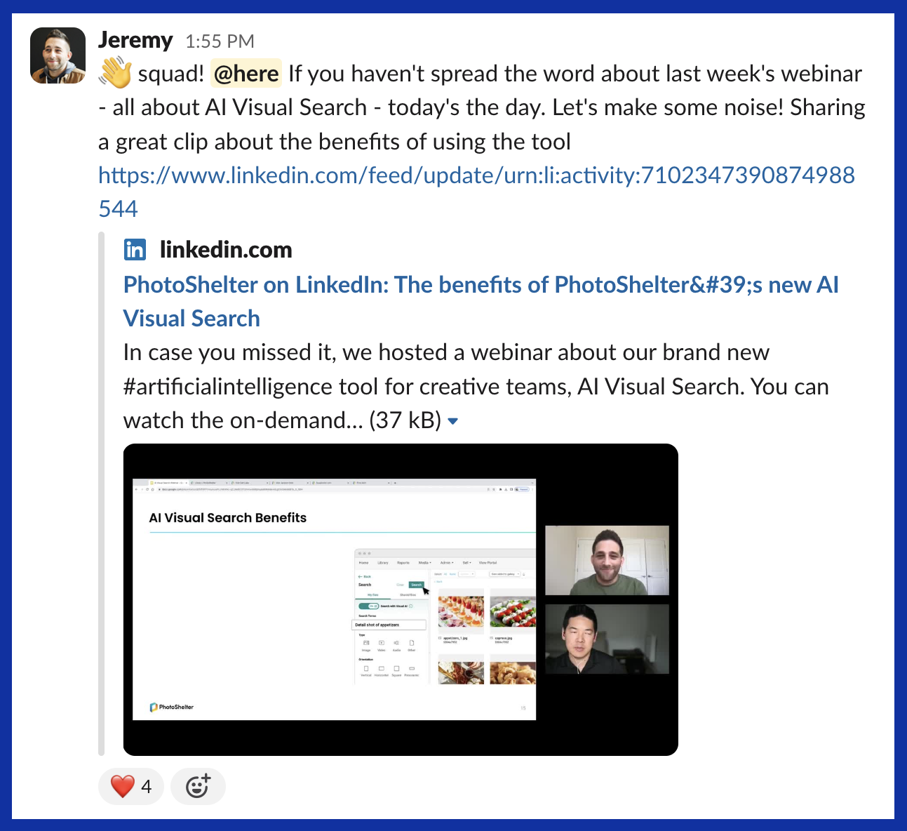 Screenshot of a message in PhotoShelter's company Slack group encouraging employees to engage with a social post.