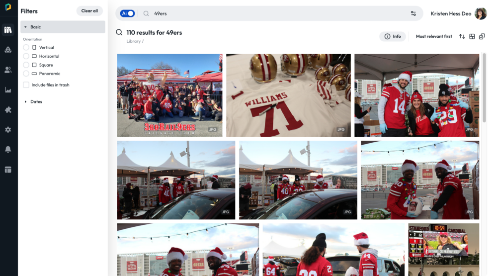 A screenshot of Second Harvest's PhotoShelter Library showcasing AI capabilities to find detailed images of a 49ers campaign.