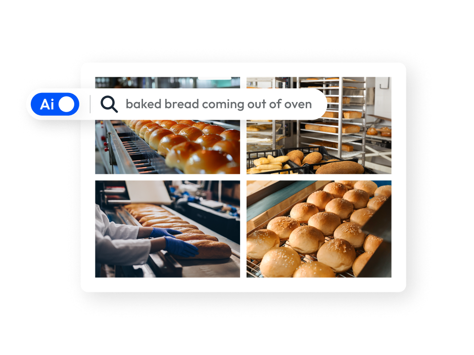 Search results for 'baked bread coming out of oven' in PhotoShelter's DAM AI Visual Search, showing automated metadata tagging and organization.