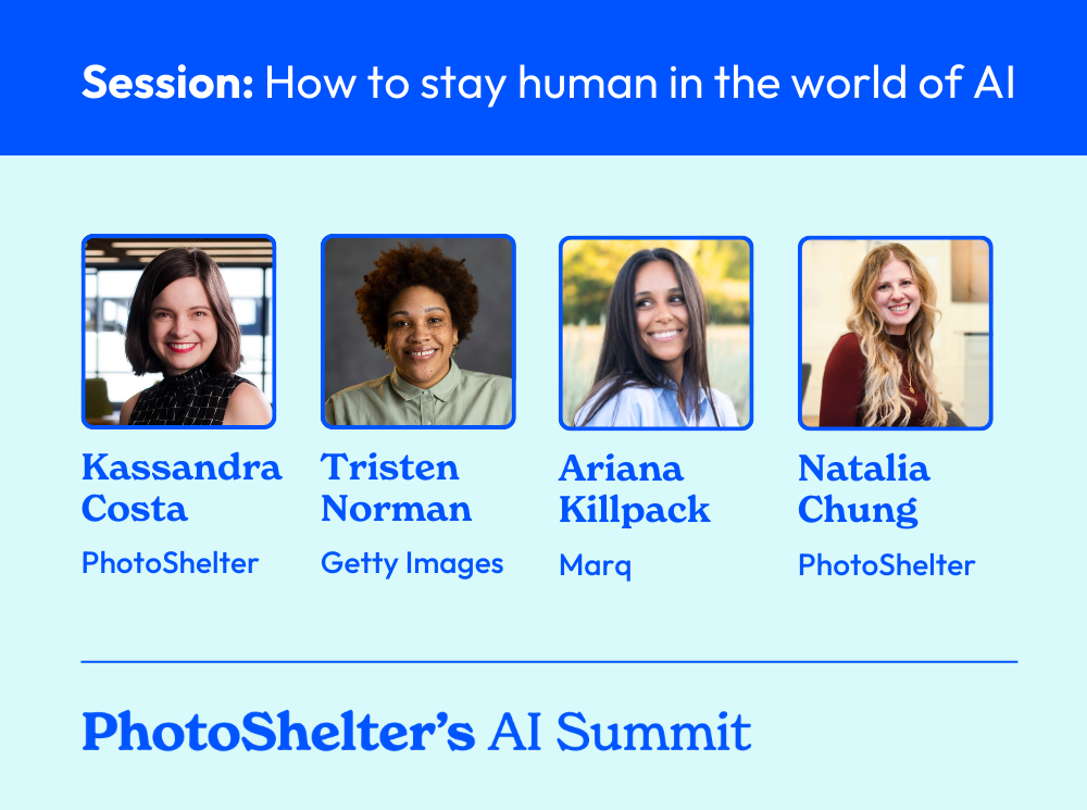 AI Summit session: staying human in the world of AI featuring speakers from PhotoShelter, Getty Images, and Marq