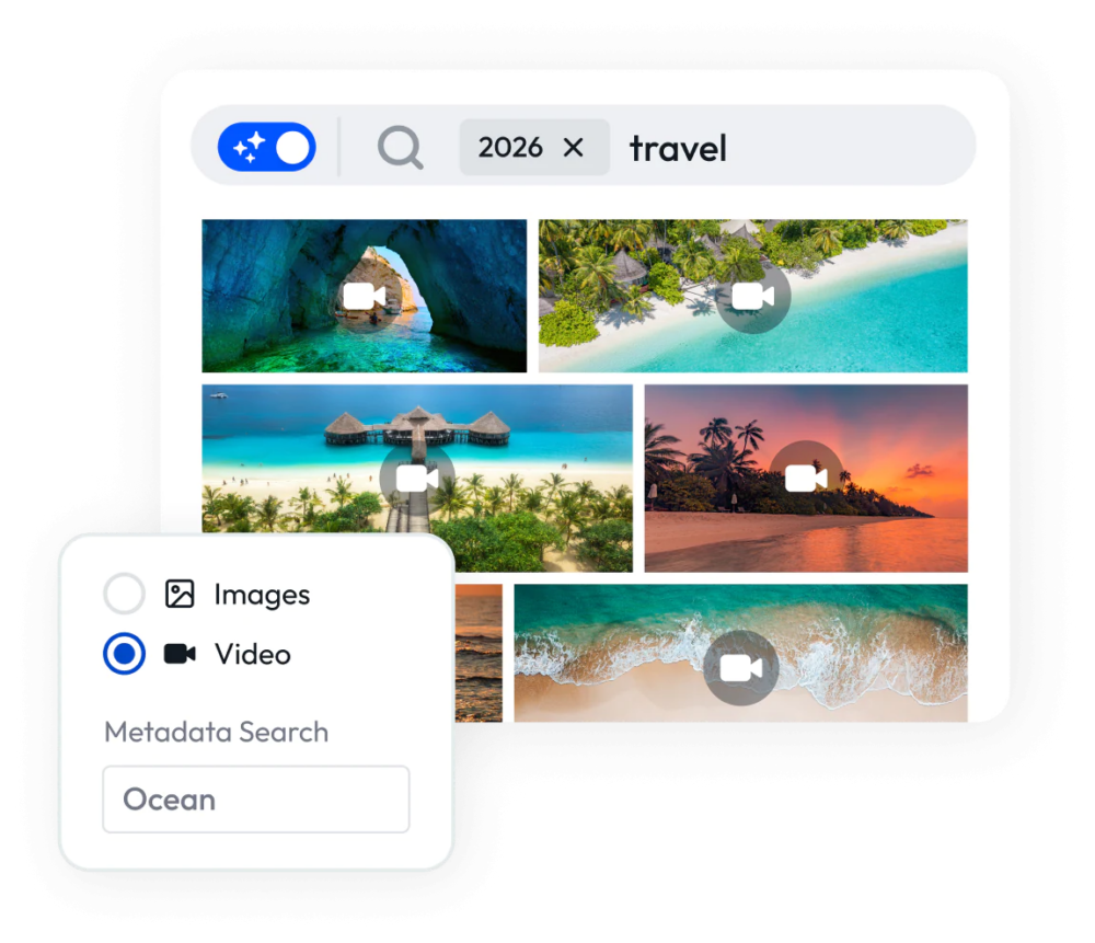 AI visual search UI showing results for ‘2026 travel’ across video assets