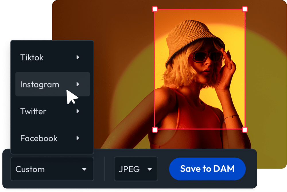 Content derivatives tool cropping an image and exporting formats for social platforms with save to DAM option