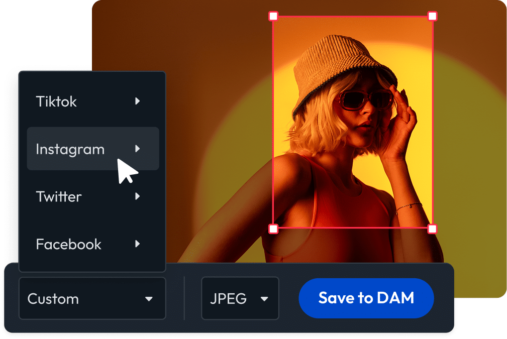 Content derivatives tool cropping an image and exporting formats for social platforms with save to DAM option