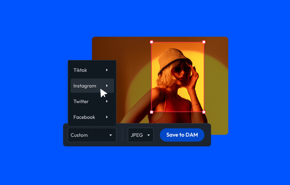 Content derivatives tool cropping an image and exporting formats for social platforms with save to DAM option