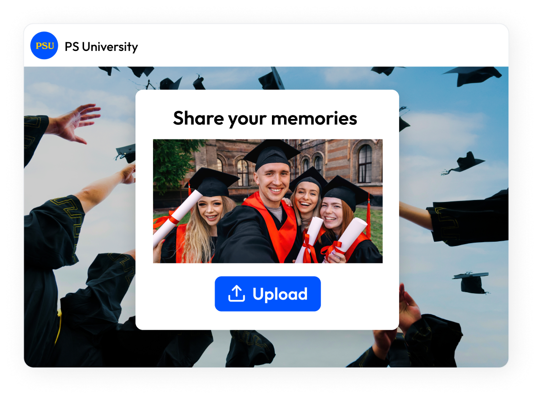 UGC upload interface showing students sharing graduation photos via PhotoShelter