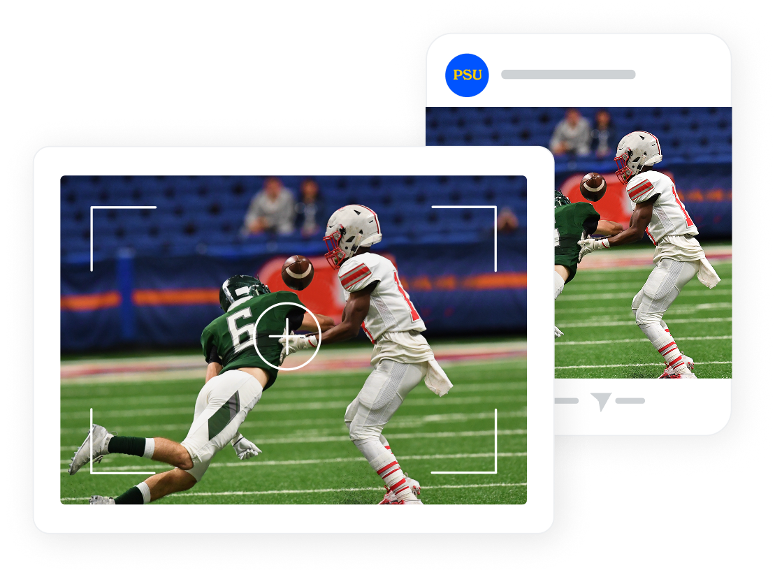 PhotoShelter real-time workflow showing a football action shot published to social in seconds
