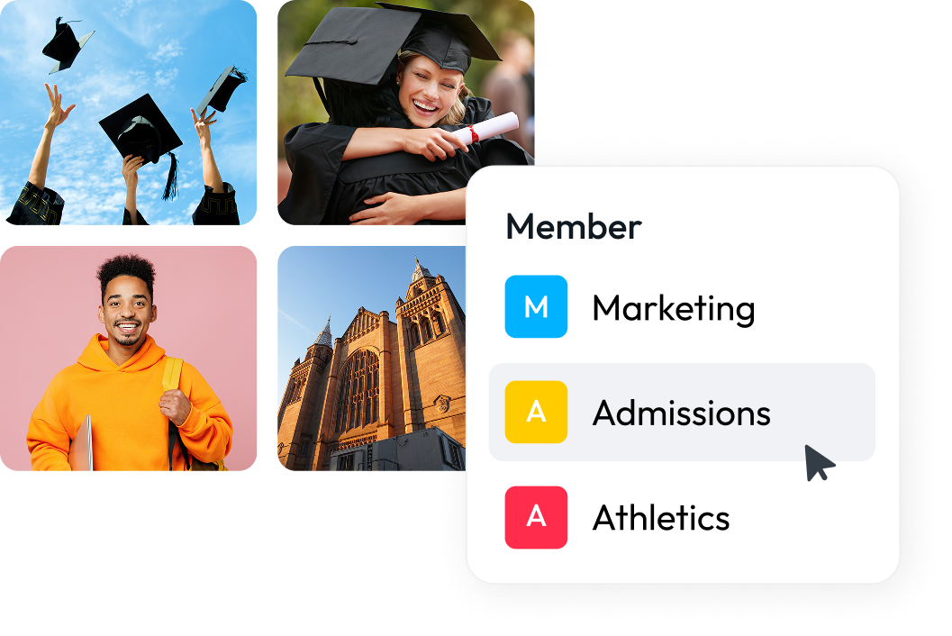 PhotoShelter DAM sharing panel showing permission controls for Athletics, Admissions, and Marketing