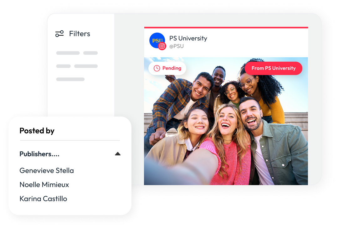 PhotoShelter Magic Tracking UI identifying social posts from partner publishers with pending status and filters