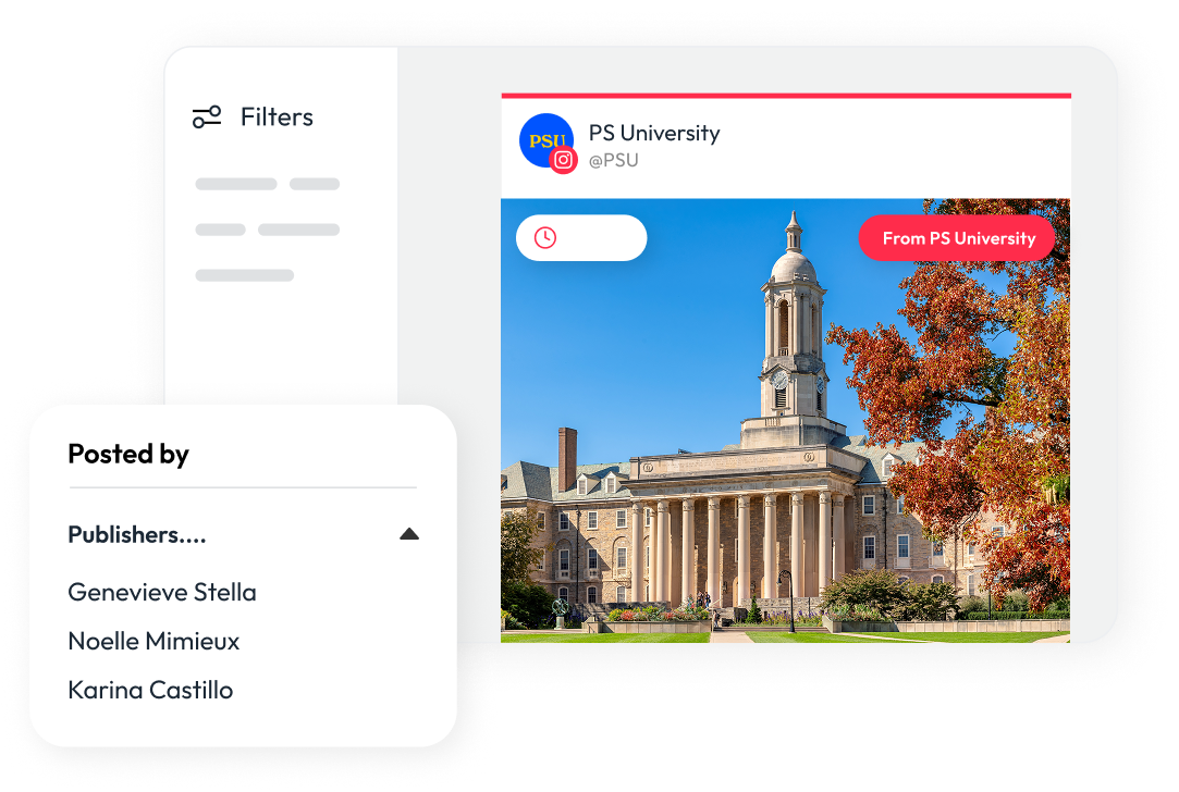 PhotoShelter analytics dashboard showing social content performance tracking for a university