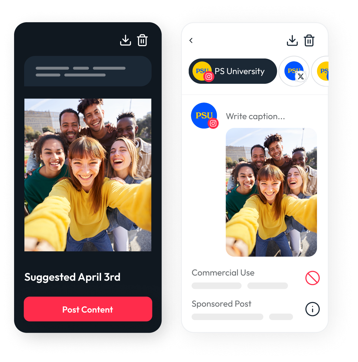 PhotoShelter social content distribution UI showing a campus selfie queued for Instagram posting