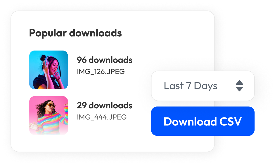PhotoShelter analytics export UI showing popular downloads report with CSV download option
