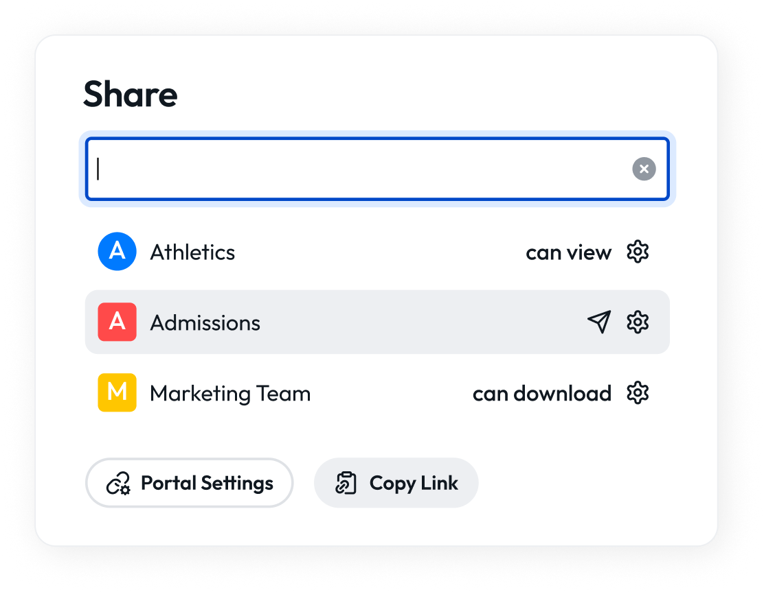 PhotoShelter DAM member permissions panel showing role-based access for Marketing, Admissions, and Athletics