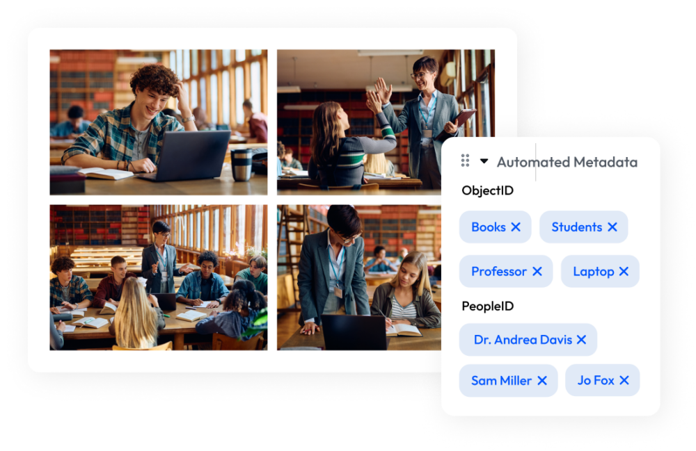 PhotoShelter DAM UI showing AI auto-tagging of campus photos with ObjectID and PeopleID metadata