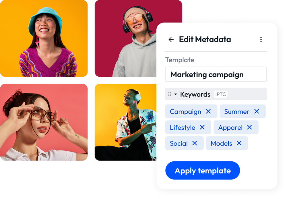 A user interface for editing metadata displays four vibrant portrait images alongside a template selection panel with keywords for a marketing campaign.