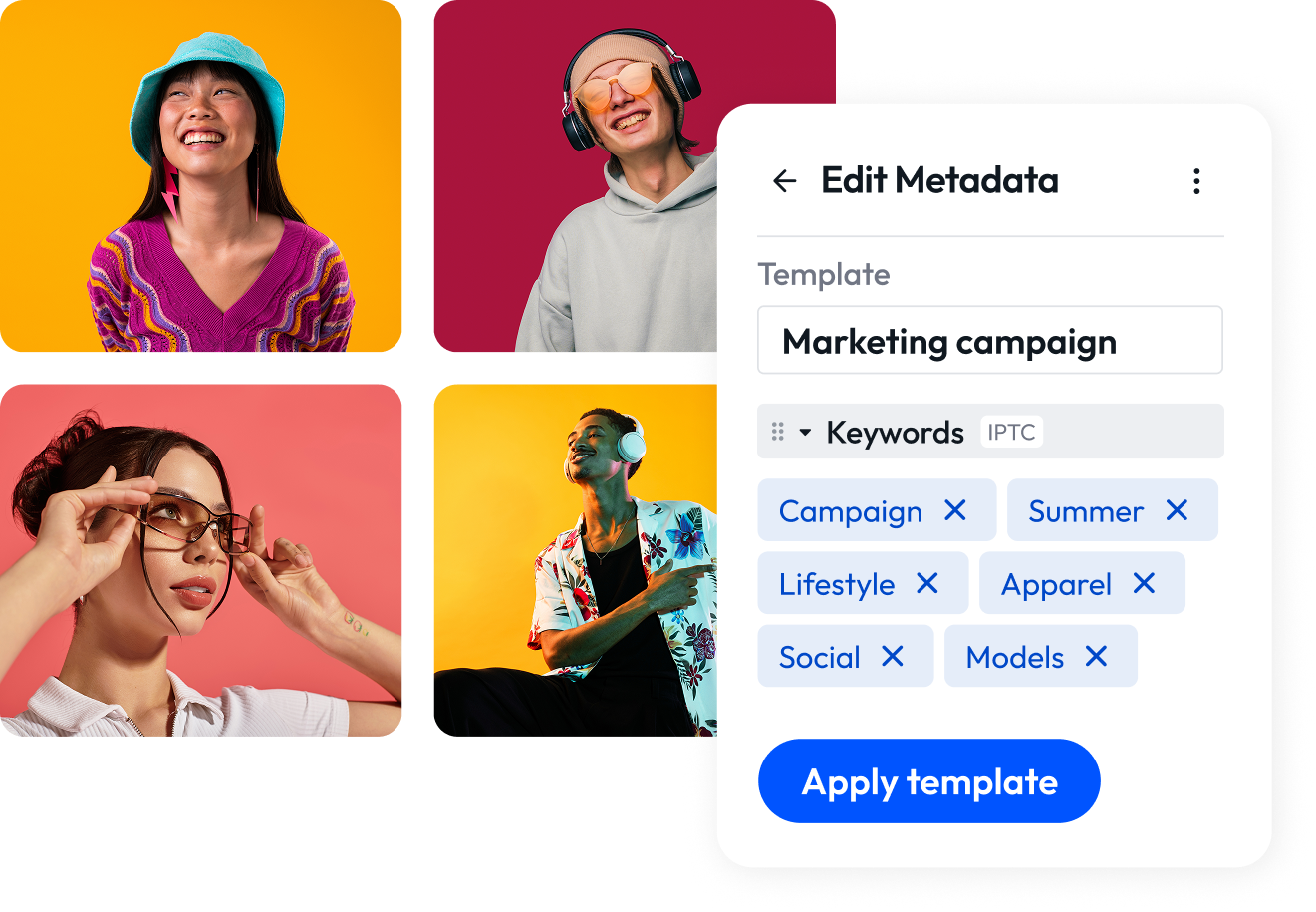 A user interface for editing metadata displays four vibrant portrait images alongside a template selection panel with keywords for a marketing campaign.