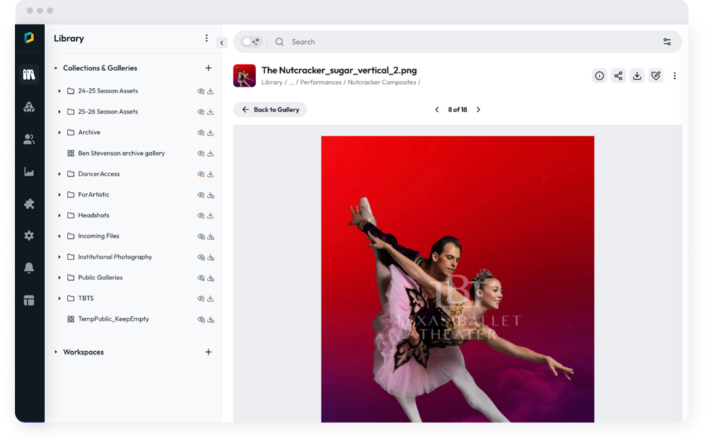 Texas Ballet Theater's PhotoShelter DAM library showing organized season and performance archives including Nutcracker assets