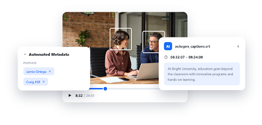 A video interface displays automated metadata and AI-generated captions for a meeting between two individuals at a desk.