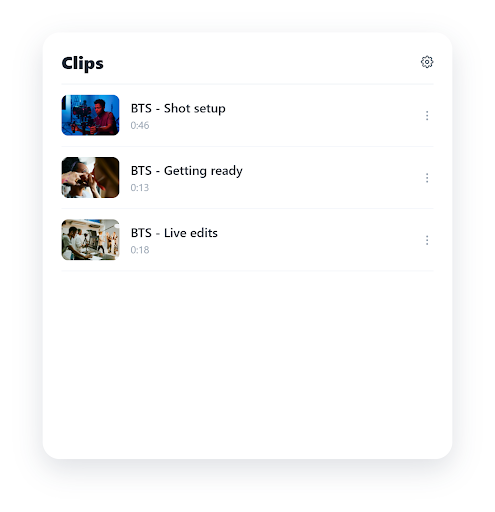 A list of three BTS video clips with thumbnails and durations displayed under the heading