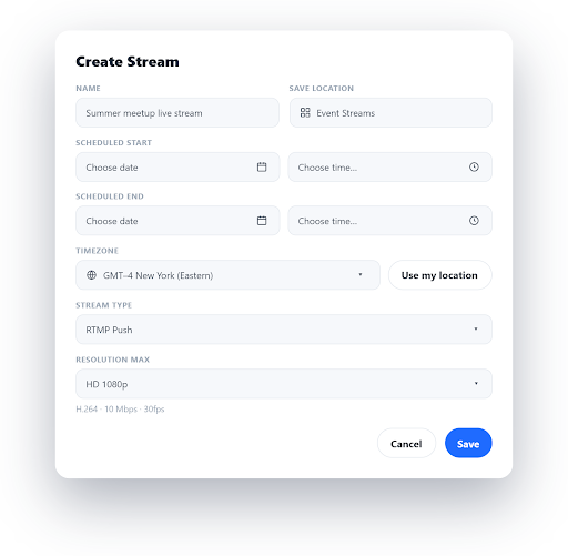 A user interface for creating a live stream with fields for name, schedule, location, stream type, and resolution.