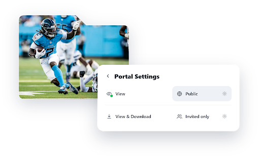 A football player in action is shown alongside a portal settings menu offering options for public access or invitation-only sharing.
