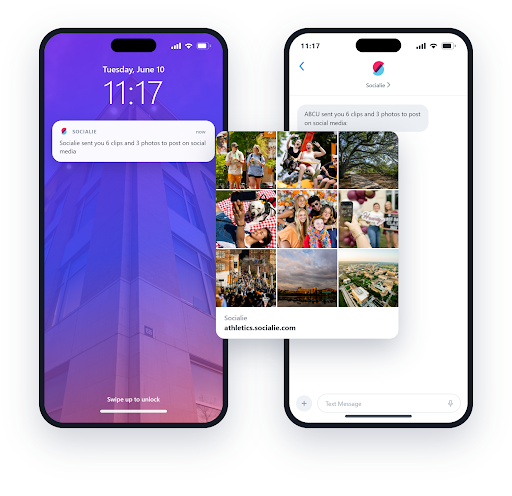 Two smartphones display a notification from a social media app indicating that a user has received six clips and three photos to post, with the second screen showing the media gallery.
