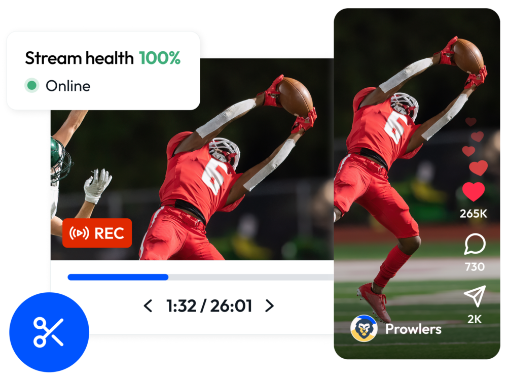 A football player in a red uniform catches a ball during a game, shown in a live streaming interface with stream health, recording status, and social media engagement metrics.