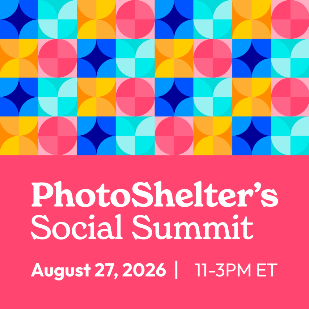 A vibrant, geometrically patterned graphic announces PhotoShelter's Social Summit on August 27, 2026, from 11–3 PM ET.