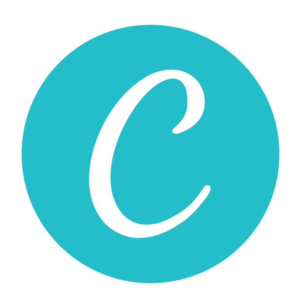 Teal circular logo with a script styled letter C for Canva
