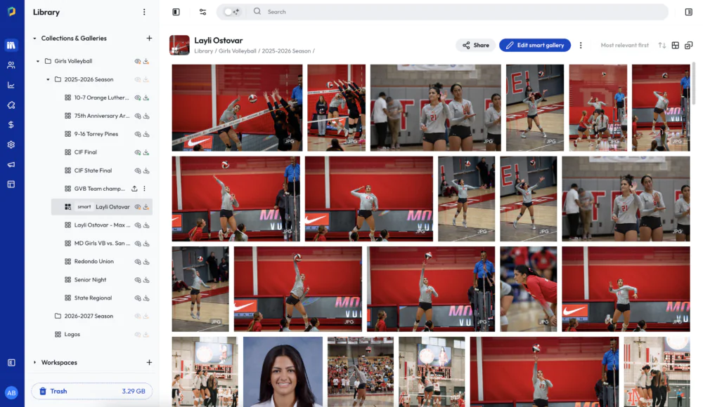 Smart Gallery search features with a grid of high school volleyball game