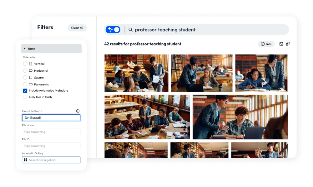 Metadata and filter options for searching in a PhotoShelter gallery