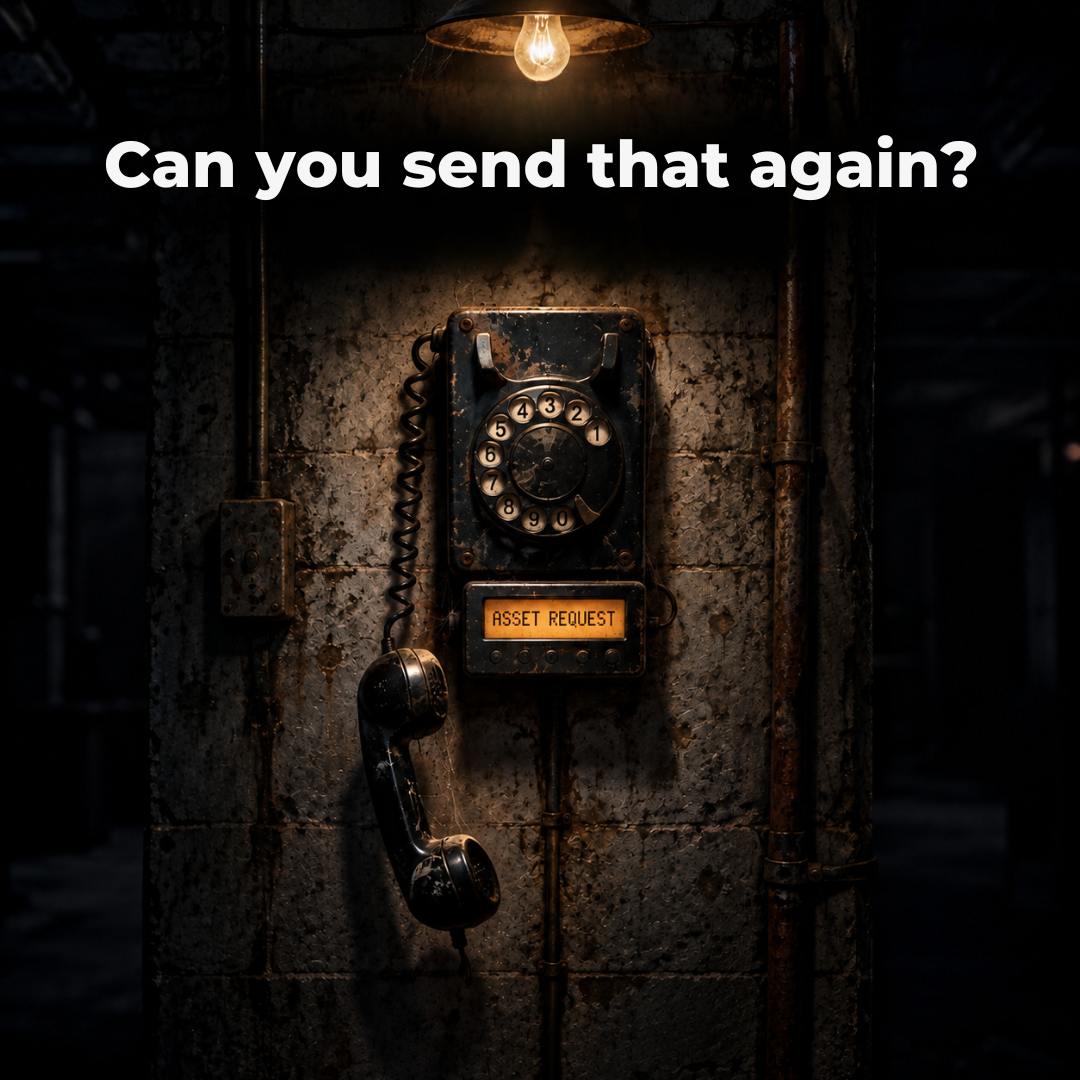 Horror movie style poster with the tagline “Can you send that again?” about constant internal requests for image files