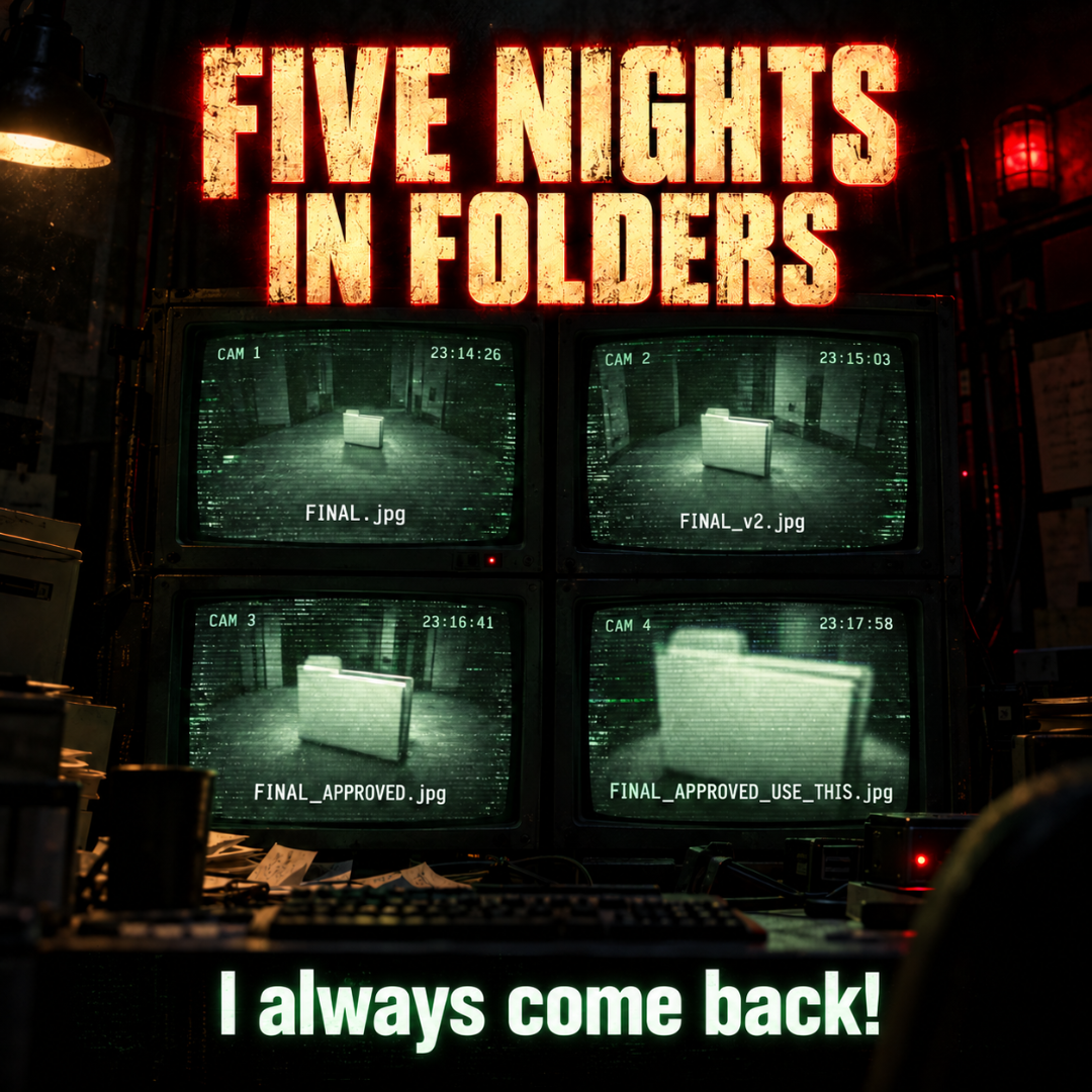 Horror movie style poster titled “Five Nights in Folders” with the tagline “I always come back!” about searching unorganized photo folders