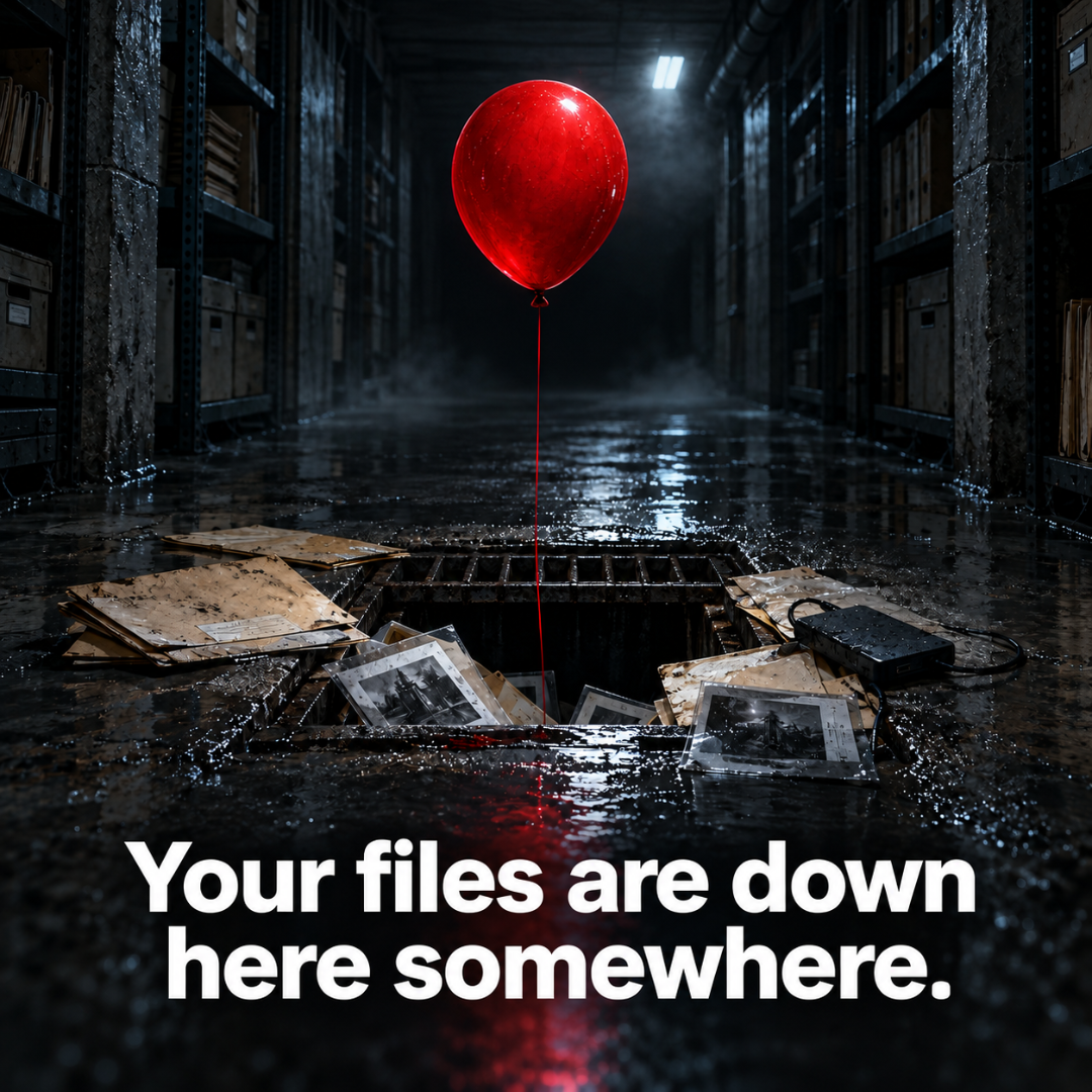 Horror movie style poster with the tagline “Your files are down here somewhere” about photos lost in filing cabinets and hard drives