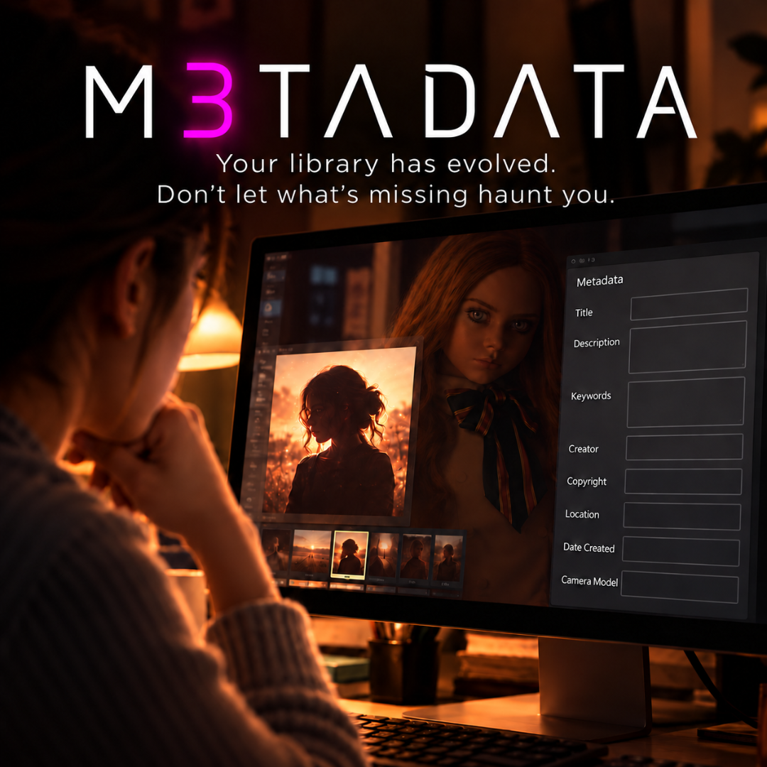 Horror movie style poster titled “Metadata” about photos and videos lost without labels or keywords