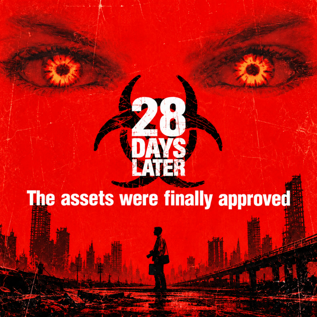 Horror movie style poster titled “28 Days Later” with the tagline “The assets were finally approved” about slow photo approvals